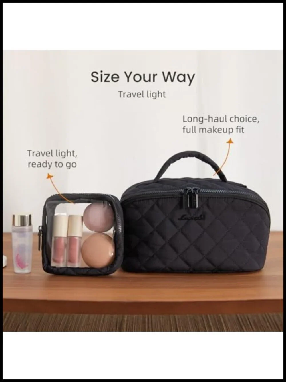 2Pcs Puffer Cosmetic Organizer Bag Set with Brush Compartment